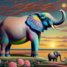 Colorful surreal painting: Two elephants under vibrant sky