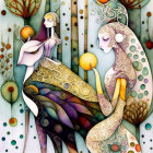 Stylized figures with elongated forms and intricate patterns in whimsical forest scene