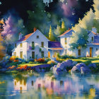 Whimsical illustration of white houses with blue roofs and vibrant flora.