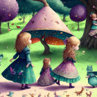 Three girls in fancy dresses in colorful magical forest with whimsical trees.