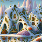 Snow-covered houses and glowing windows in whimsical winter scene