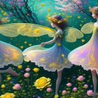 Three translucent-winged fairies in vibrant flower forest