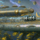 Ornate airships and towering spires in futuristic cityscape