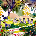 Vibrant watercolor of five dogs in colorful meadow