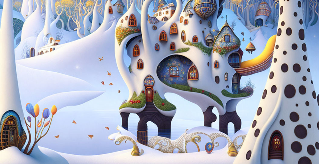 Colorful Winter Landscape with Fantastical Trees and Cozy Dwellings