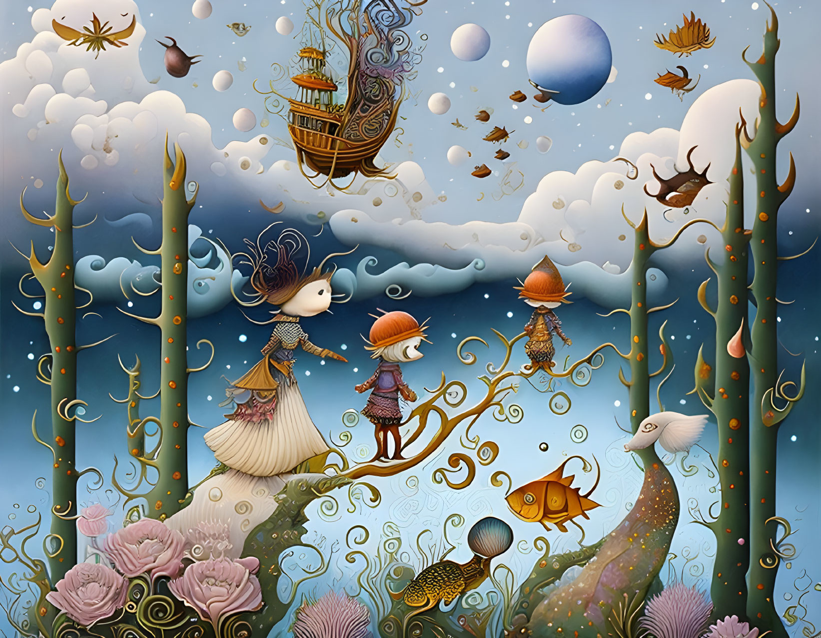 Children, ocean life, ship, music, and underwater forest in whimsical illustration