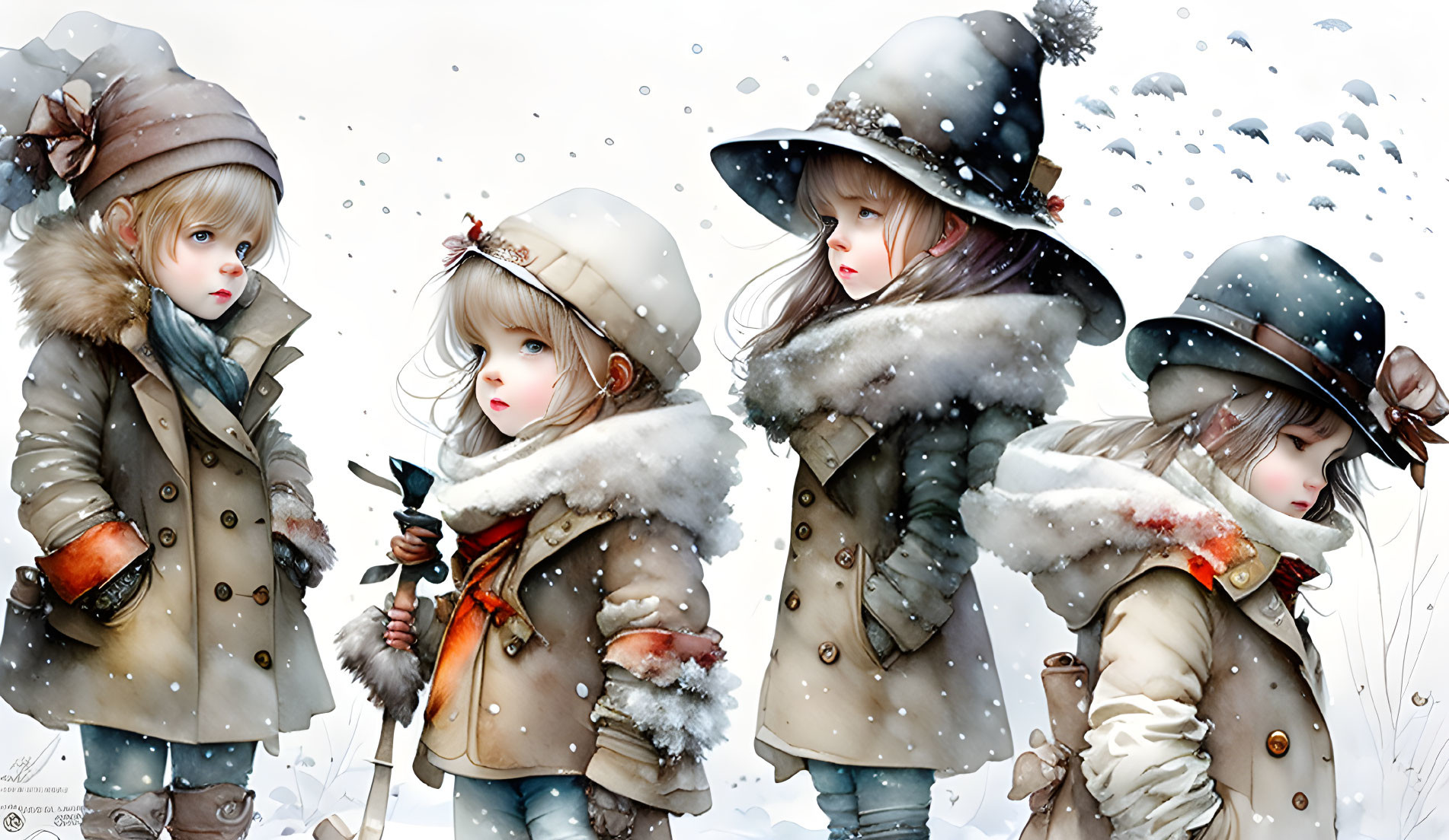 Four animated girls in winter attire with various items, snow falling around them