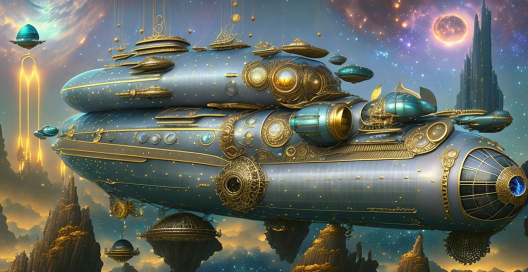 Ornate airships and towering spires in futuristic cityscape