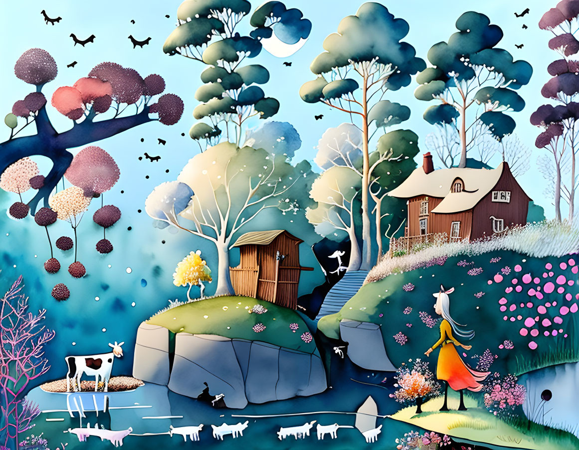 Colorful landscape with floating islands, cottage, animals, and character in flowing dress.