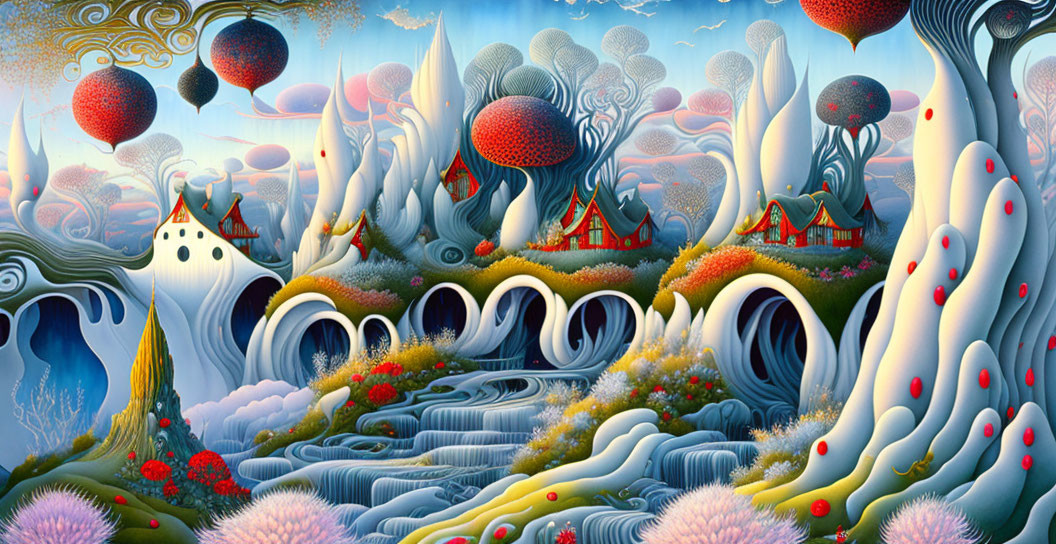 Fantastical surreal landscape with mushroom trees and red orbs