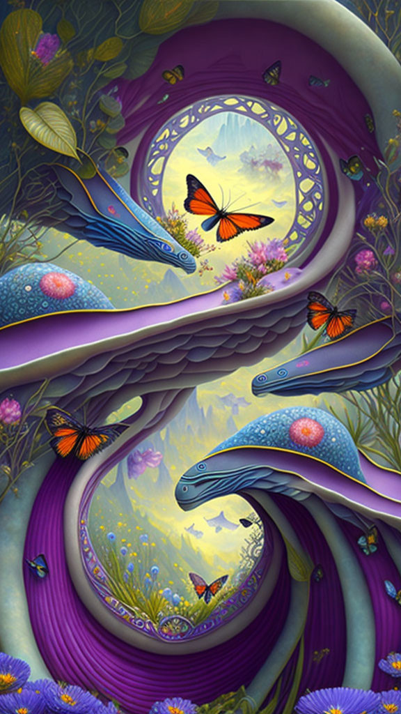 Surreal landscape with purple layers, floating fish, butterflies, and luminous moon