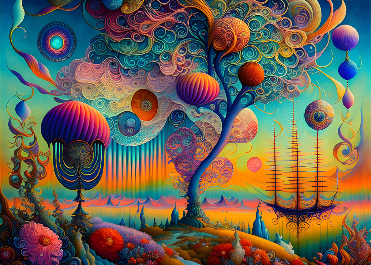 Colorful Psychedelic Landscape with Whimsical Elements and Sunset Sky