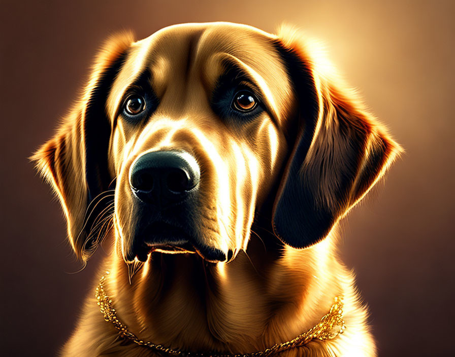 Detailed Golden Retriever Portrait with Warm Glow & Golden Chain Collar