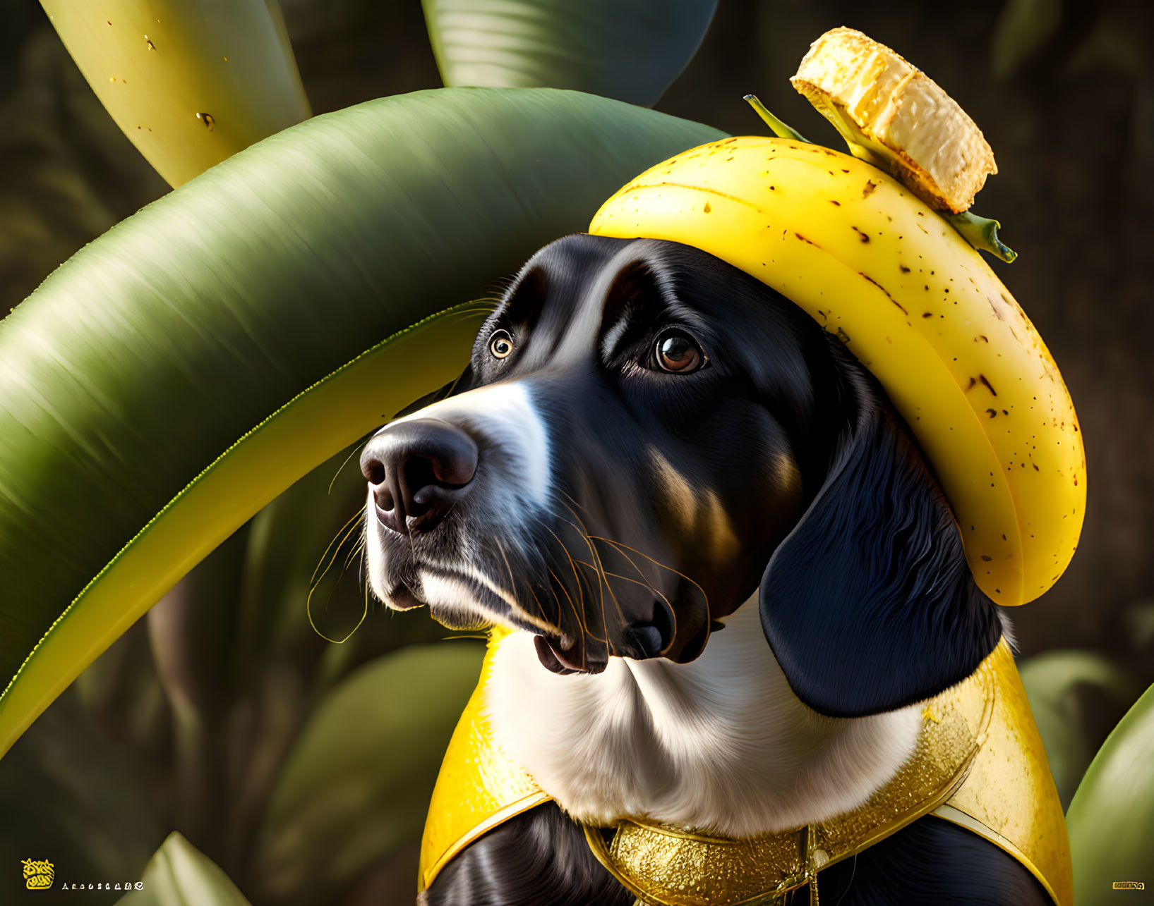 Black and white dog in yellow banana costume with peeled banana hat on leaf background