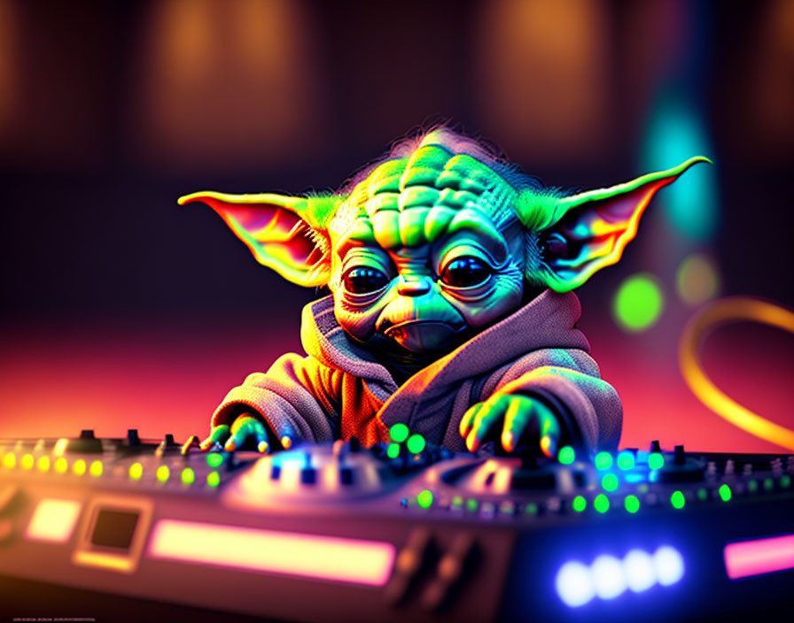 Colorful DJ character resembling Yoda mixing on console with vibrant lights