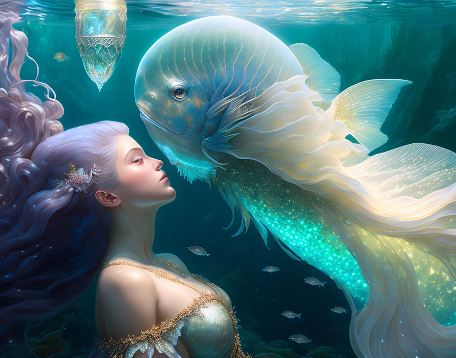 White-haired mermaid meets golden-detailed manatee underwater