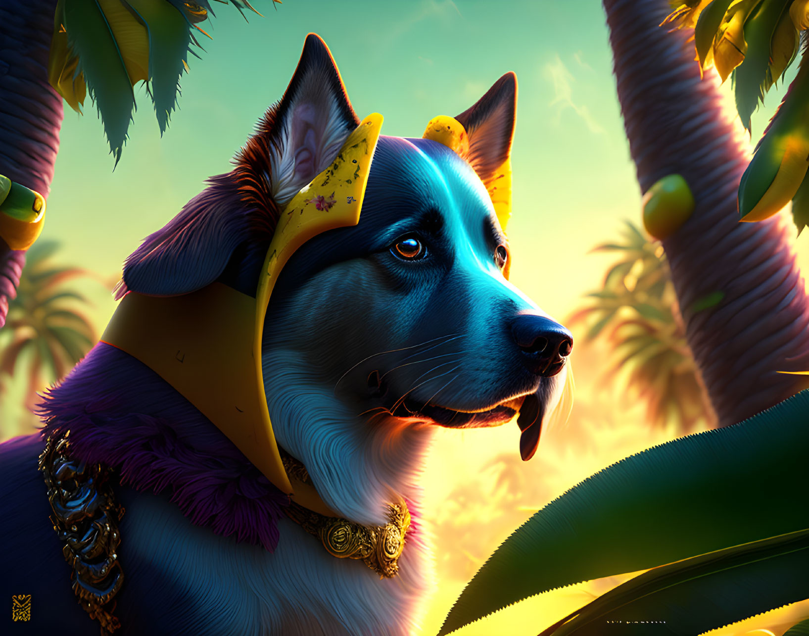 Stylized digital illustration of dog with kerchief and jewelry in sunset palm tree backdrop