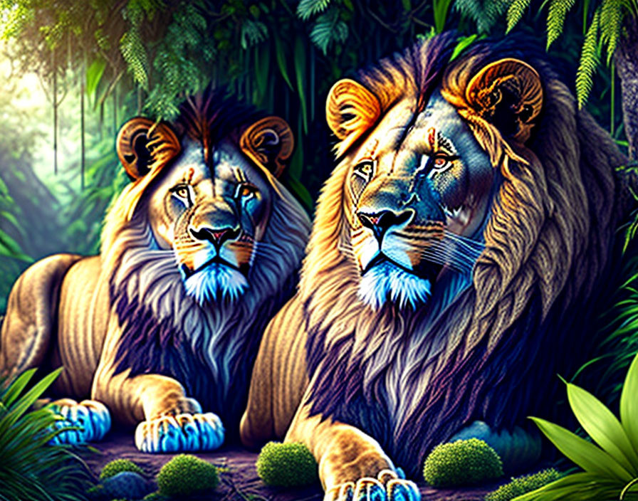 Vibrant illustrated lions with lush manes in colorful jungle.