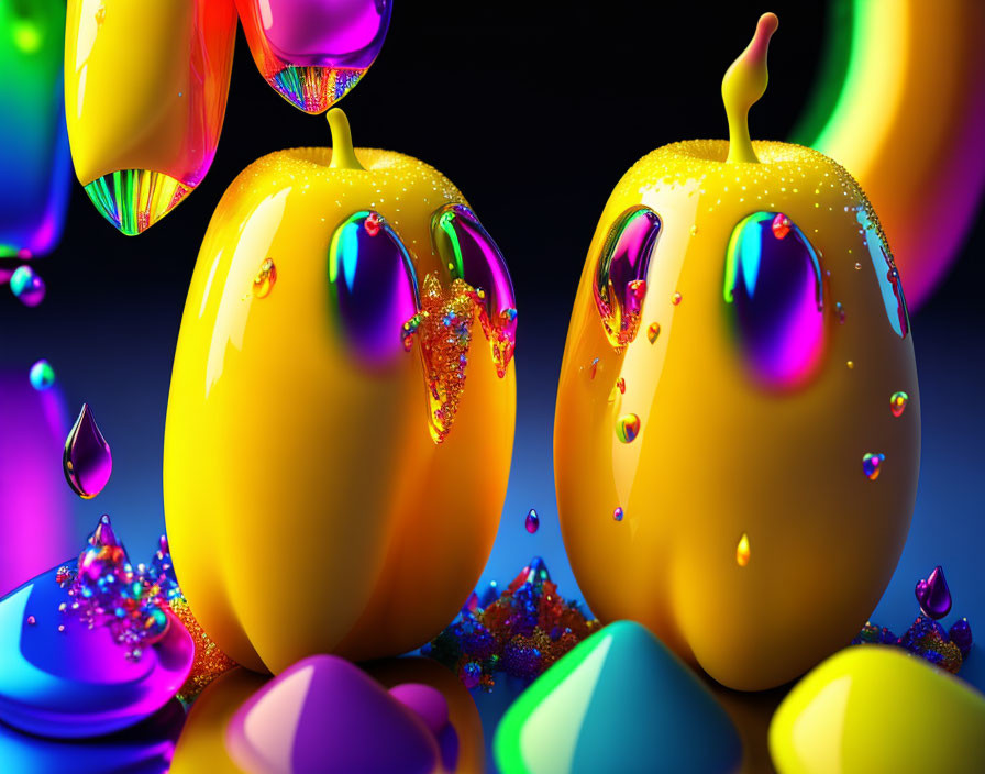 Colorful 3D-rendered fruit shapes with water droplets and textures on dark backdrop