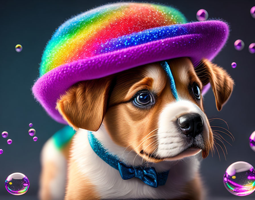 Adorable Puppy in Rainbow Hat and Blue Bow Tie with Shimmering Bubbles