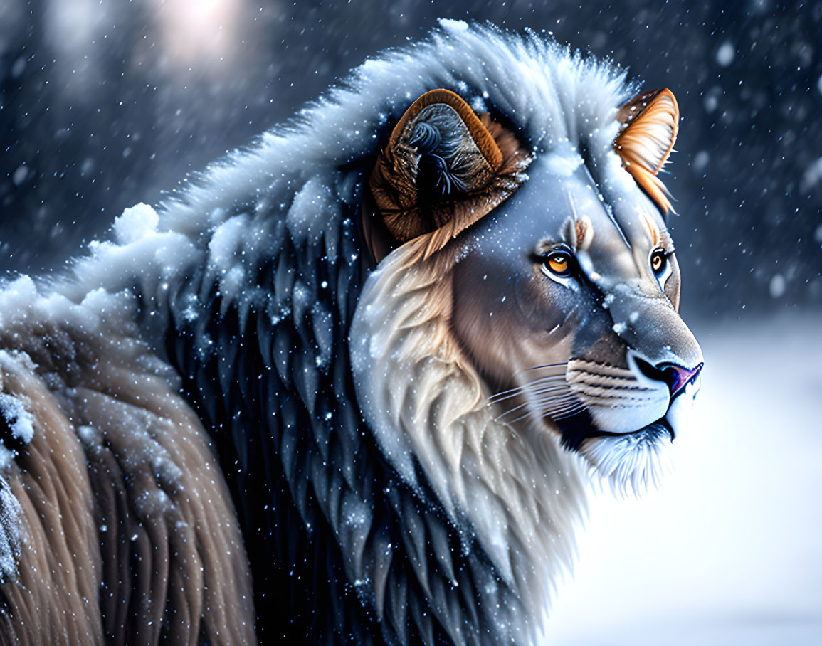 Snow-covered lion with thick mane in snowy landscape