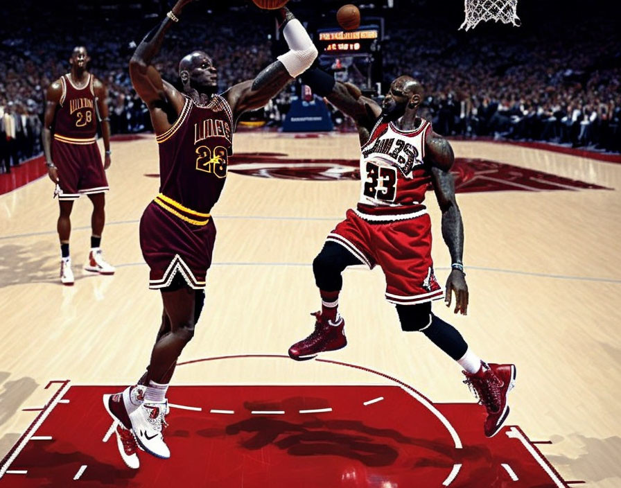 Basketball players in mid-air during game action