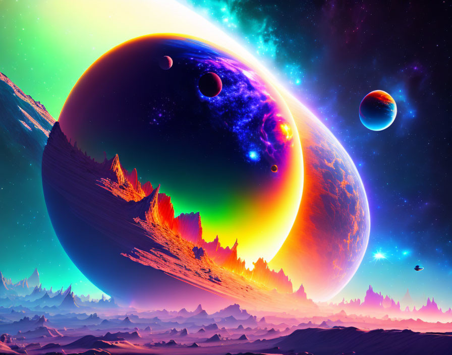 Colorful Sci-Fi Landscape with Alien Planets, Nebulas, and Rocky Terrain