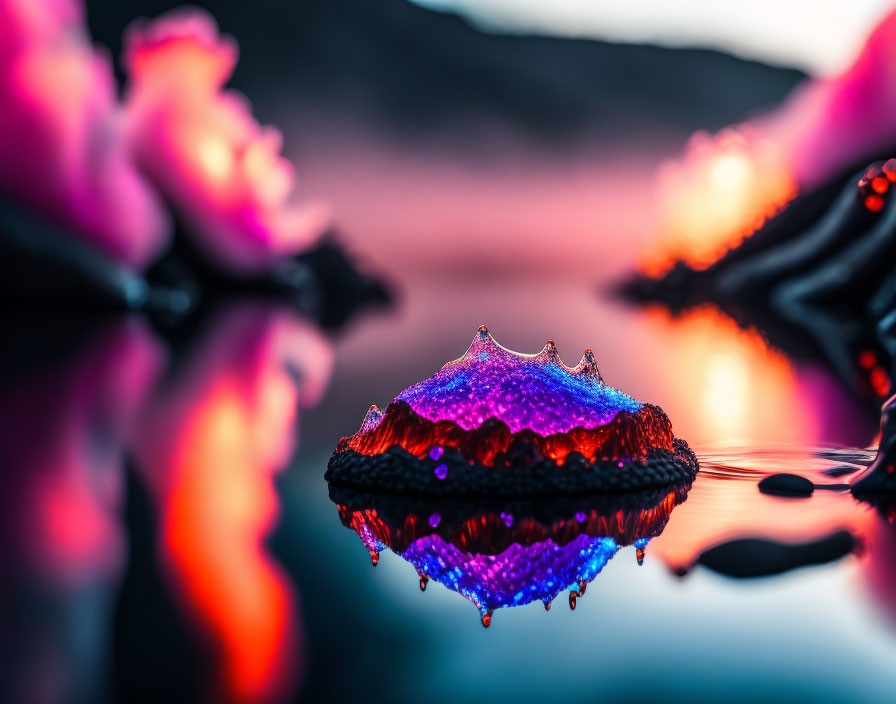 Colorful Purple and Orange Sea Anemone Reflected in Water with Bokeh Effect