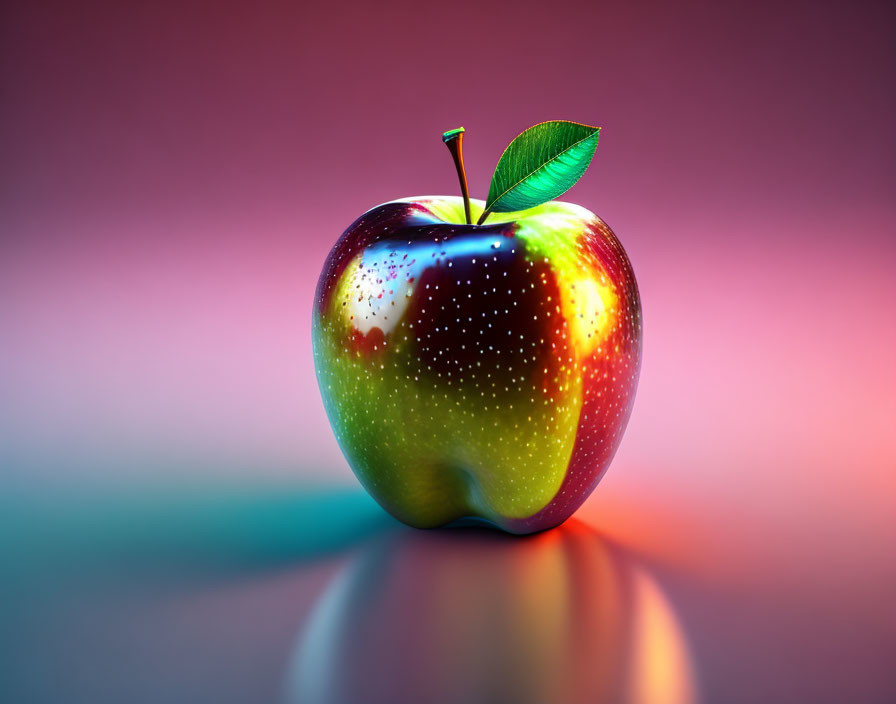 Colorful glossy apple with leaf on gradient pink and purple background