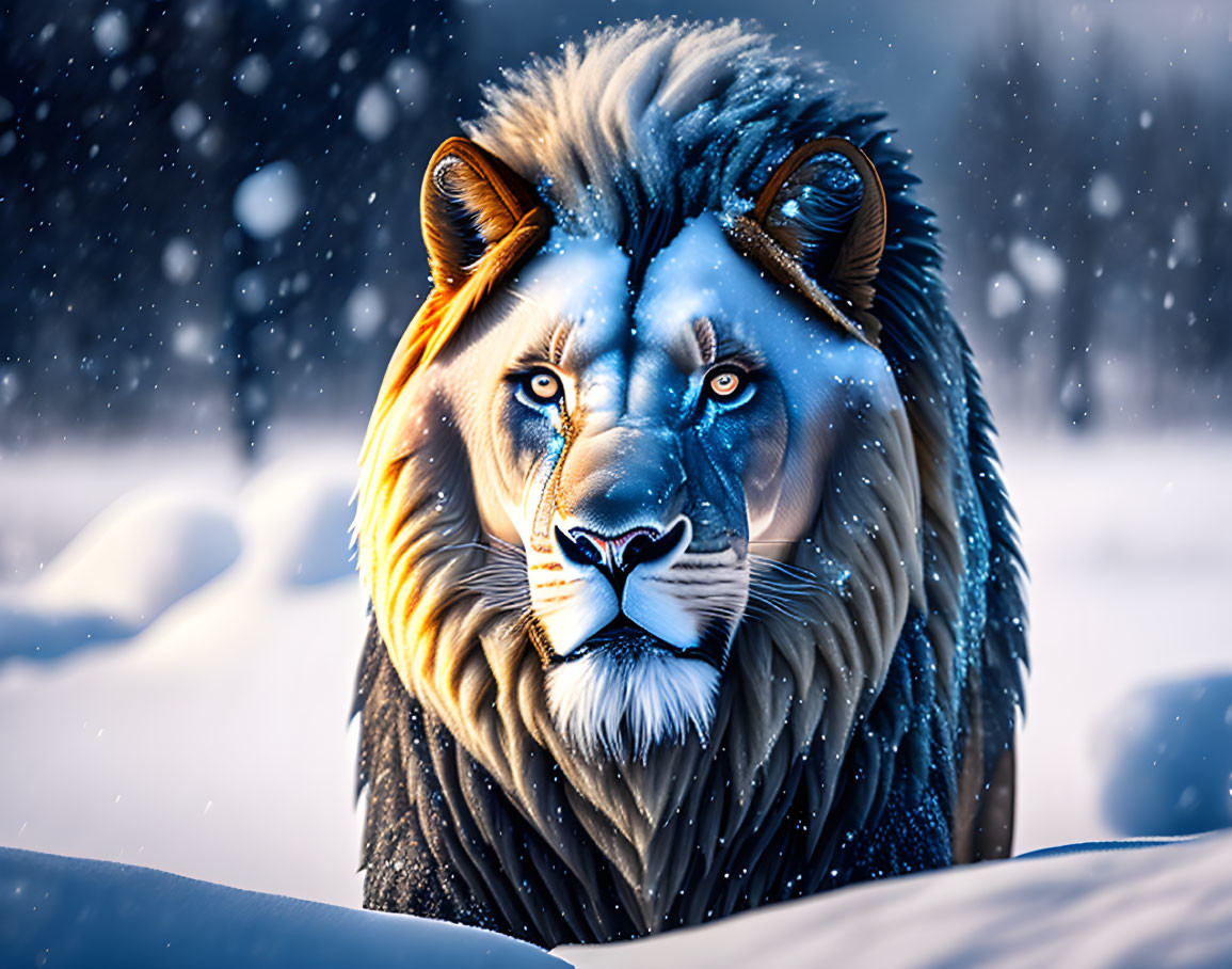 Majestic lion digital art with blue eyes and snowy backdrop