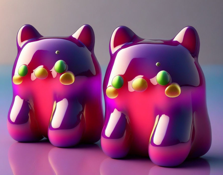 Stylized Purple and Pink Cat Figurines with Green and Gold Accents