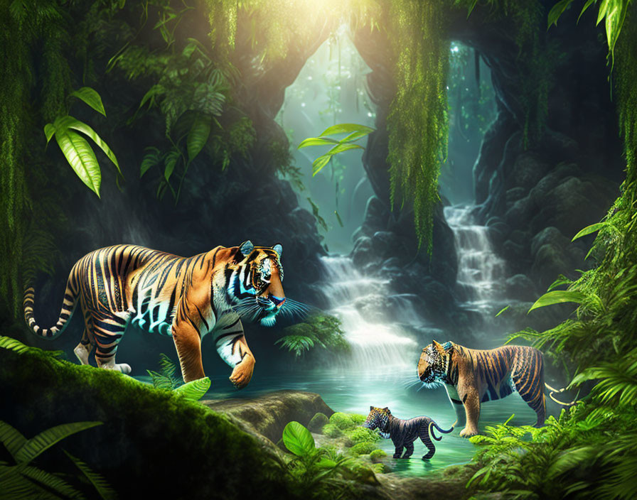 Lush Jungle Scene with Tigers by Waterfall