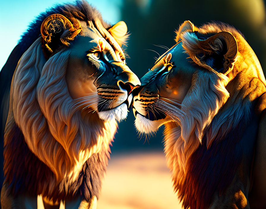 Lions touching noses in warm sunlight against dark forest.