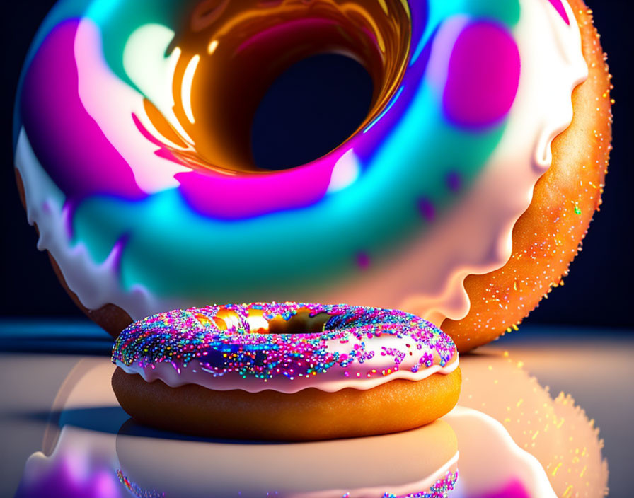 Colorful Iced Doughnuts on Reflective Surface