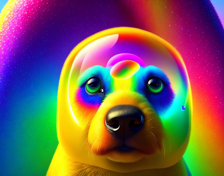 Colorful digital dog portrait with glossy rainbow aura