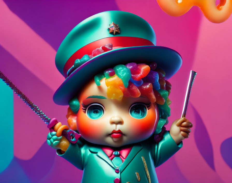 Colorful Toy-Like Character with Rainbow Hair and Wand on Pink and Purple Background