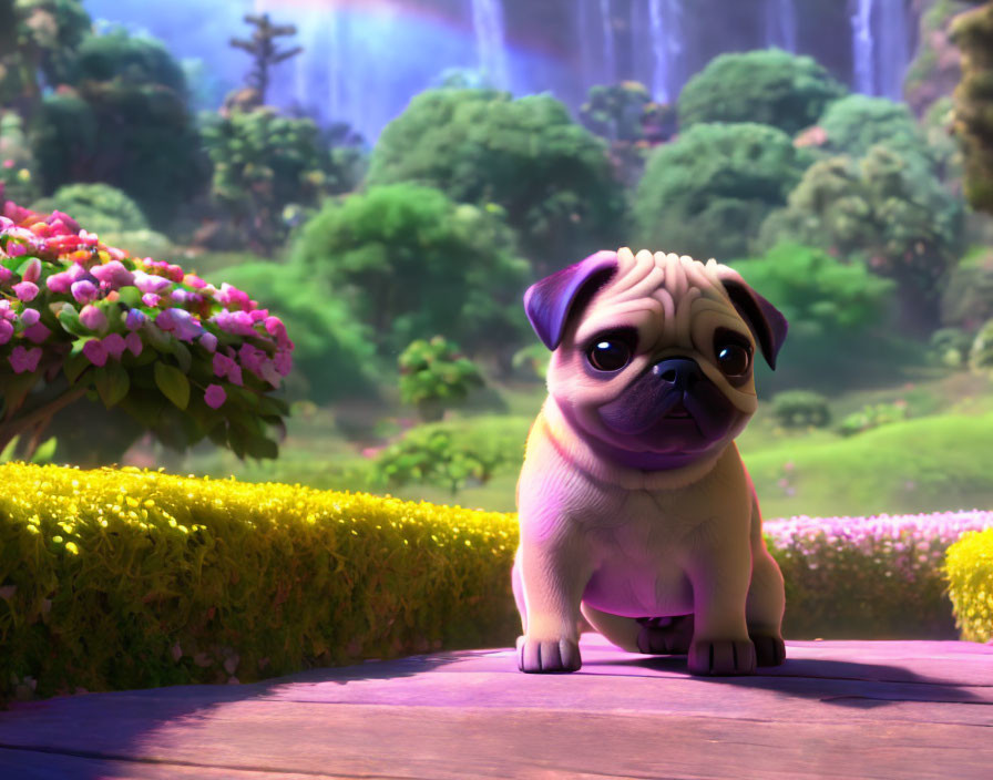 Sad 3D-animated pug on wooden floor with pink flowers