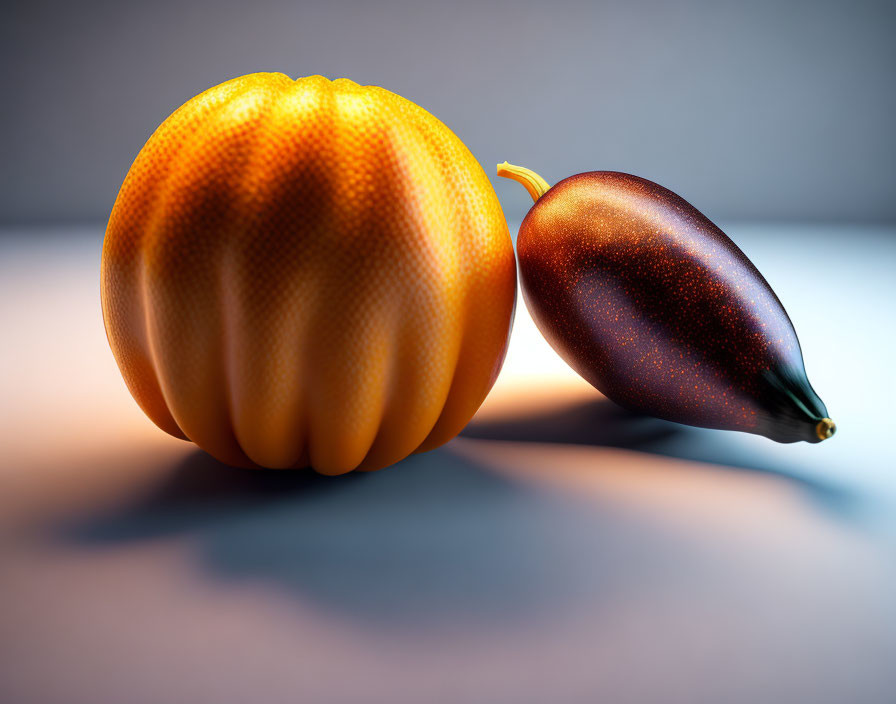 Orange Pumpkin and Purple Eggplant on Reflective Surface with Blue-Gray Background