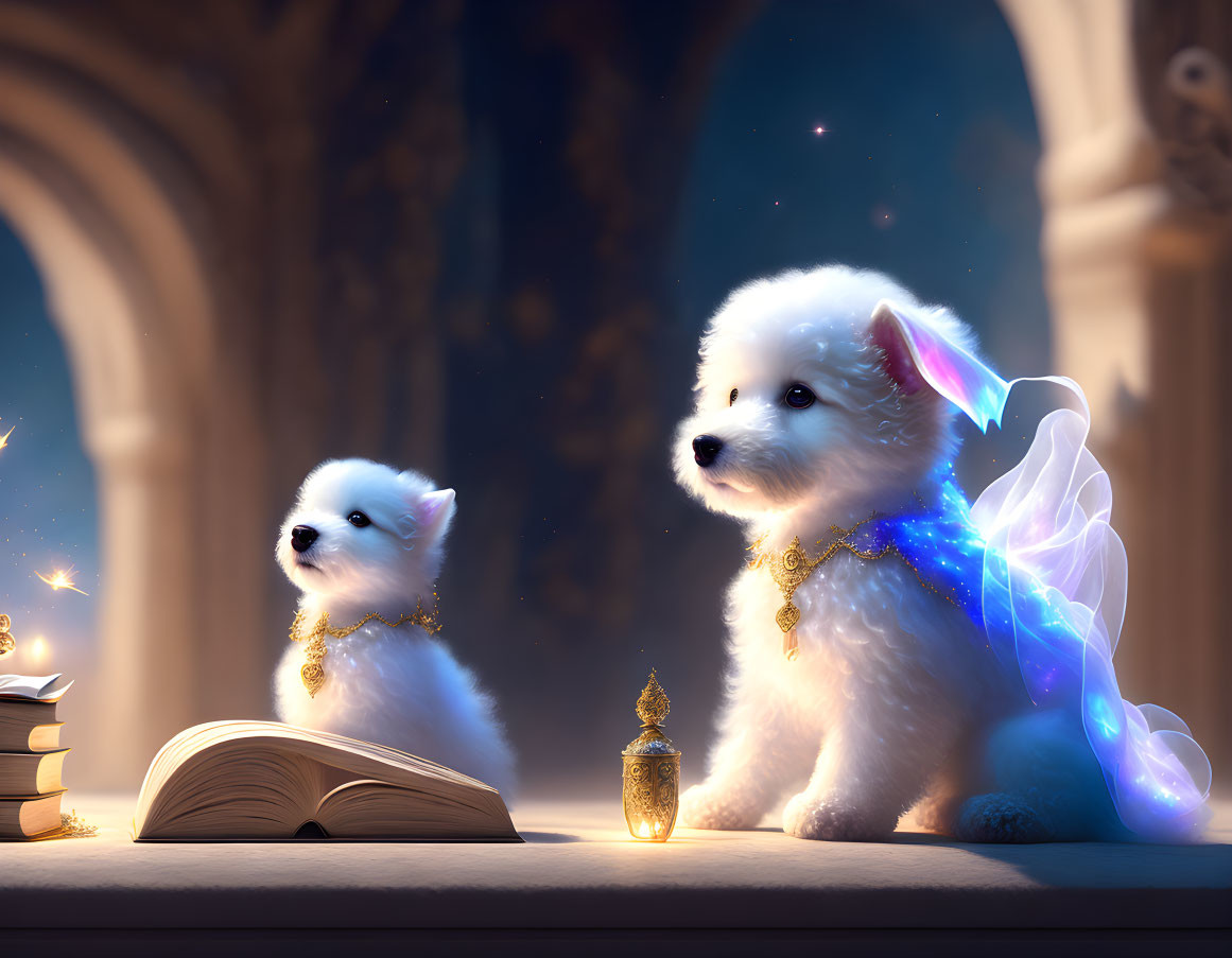 Fluffy white puppies with golden collars in magical scene