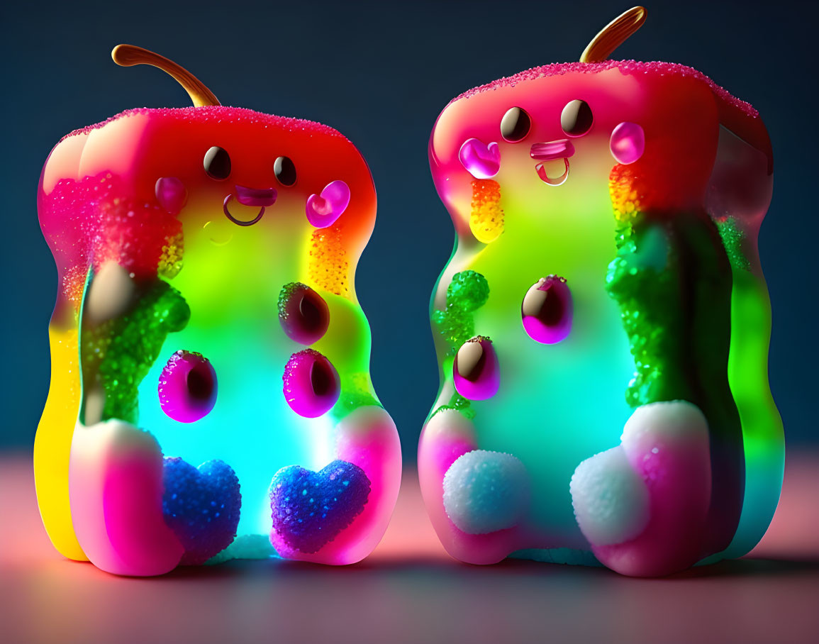 Colorful anthropomorphic gummy bears in vibrant pink, green, and yellow.