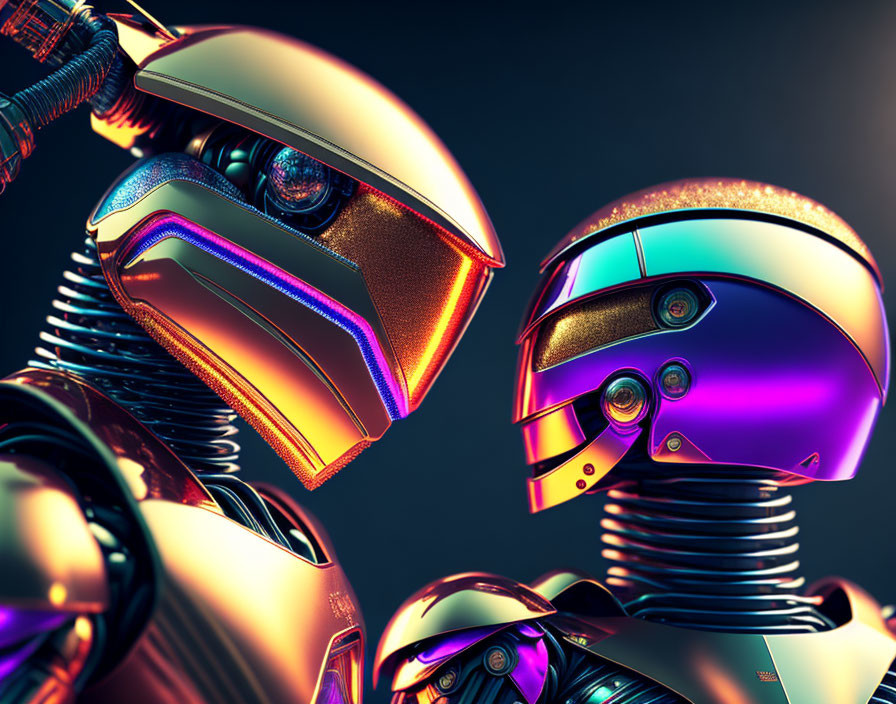 Futuristic robots with reflective golden and purple visors on dark background