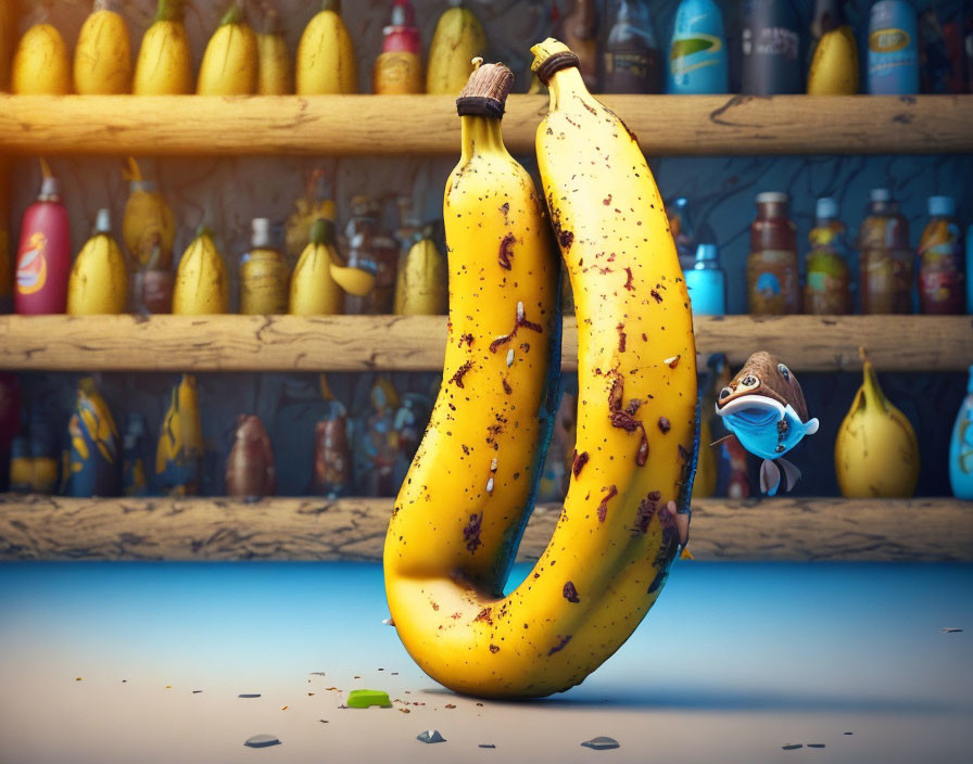 Ripe bananas with beverages and cartoon fish wearing a mask