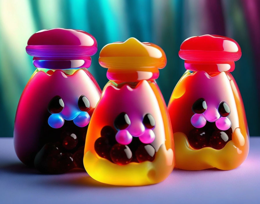 Colorful anthropomorphic jelly jars on multicolored background