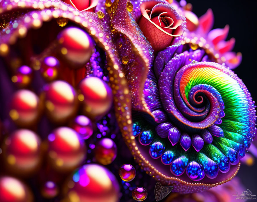 Colorful digital artwork: Spiral pattern with iridescent hues and rose detail