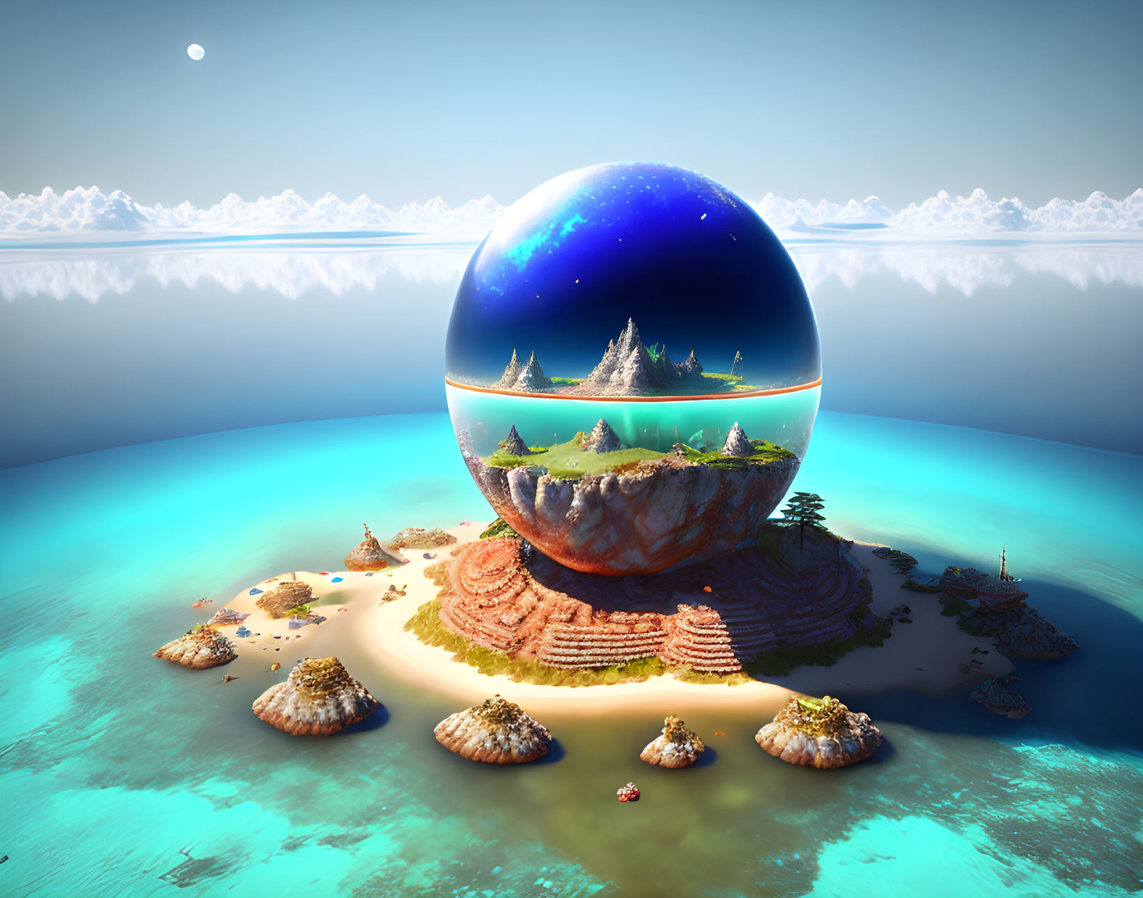 Surreal landscape with floating spherical cosmic scene above water