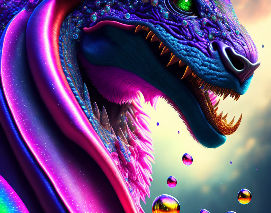 Mystical dragon with iridescent scales in cosmic scene