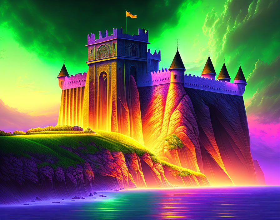 Vibrant sunset digital artwork of castle on cliff with purple sky.