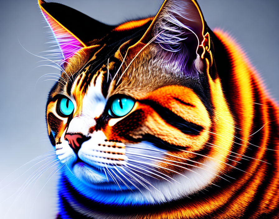 Vibrant digital artwork featuring a cat with neon stripes and blue eyes