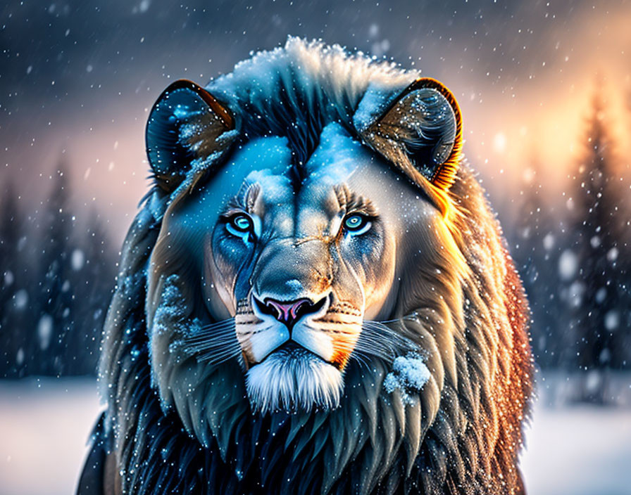 Majestic lion with thick mane in snowy backdrop with glowing eyes