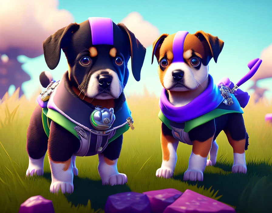 Two animated puppies in superhero outfits and purple bandanas on grassy field with scattered purple cubes